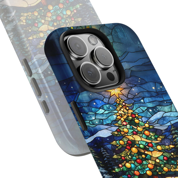 Holiday Ornament Art Cover, Stained Glass Christmas Tree iPhone Case, Dual Layer Polycarbonate Case, Festive Winter Season Pr