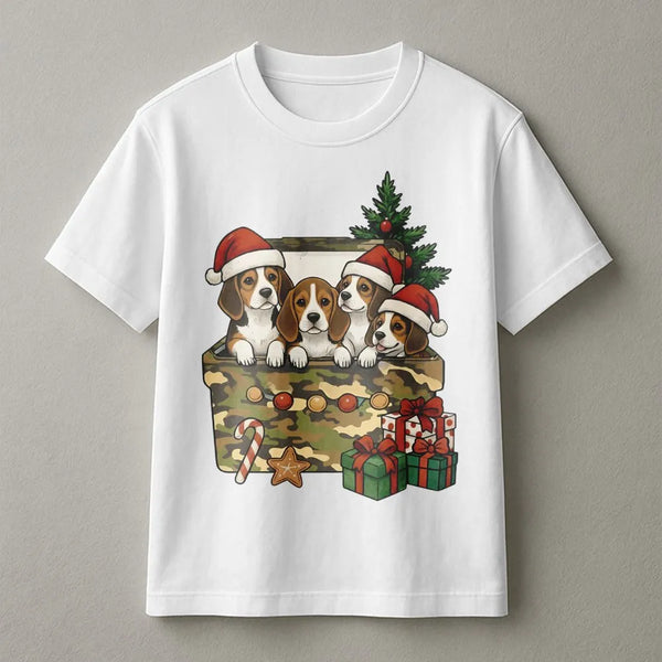 Puppies in Camo Gift Box Shirt, Beagle Christmas T-Shirt, Adorable Dog Lover Graphic Tee, Humorous Holiday Pet T-Shirt, Xmas 
