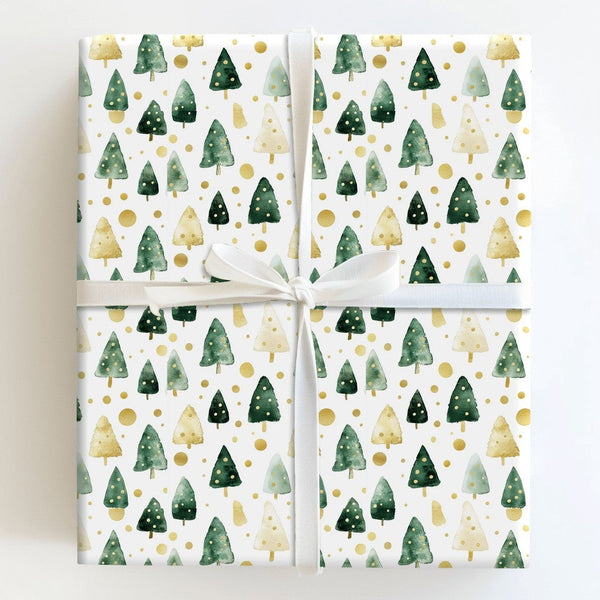 Green and Gold Holiday Gift Wrap, Watercolor Christmas Tree Wrapping Paper, Modern Festive Tree Wrapping Paper, Elegant Xmas 