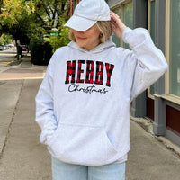 Buffalo Plaid Red Text Graphic Hooded Sweatshirt, Merry Christmas Hoodie, Comfy Holiday Winter Pullover, Festive Xmas Present for Her Him