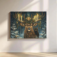 Whimsical Deer Canvas Wall Art, Christmas Stag Canvas Print, Candles and Black Cat Canvas Decor, Winter Holiday Wall Art, Festive Home Present