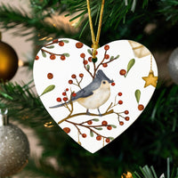Winter Berries Ceramic Ornament, Watercolor Titmouse Bird Heart Ornament, Nature Lover Christmas Tree Ornament, Holiday Keepsake Present