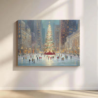 Ice Skating Christmas Tree Print, Winter Cityscape Canvas Art, Festive Holiday Town Wall Decor, Snowy City Scene Canvas Art Present