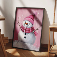Whimsical Winter Wall Art Print, Pink Snowman Poster, Adorable Holiday Wall Decor, Pastel Christmas Print, Girls Room Seasonal Art Poster