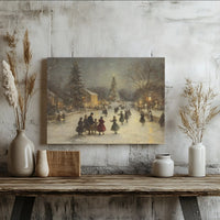 Winter Town Square Canvas Print, Vintage Christmas Ice Skating Canvas, Snowy Holiday Landscape Canvas Wall Art, Festive Seasonal Home Decor