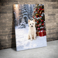 Snowy Winter Scene Puppy Canvas Print, Christmas Spitz Dog Canvas Wall Art, Holiday Tree and Presents Canvas Poster