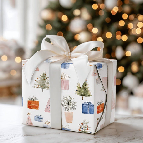 Potted Plant Holiday Gift Wrap, Watercolor Christmas Tree Wrapping Paper, Pastel Tree Present Paper, Winter Holiday Wrapping 