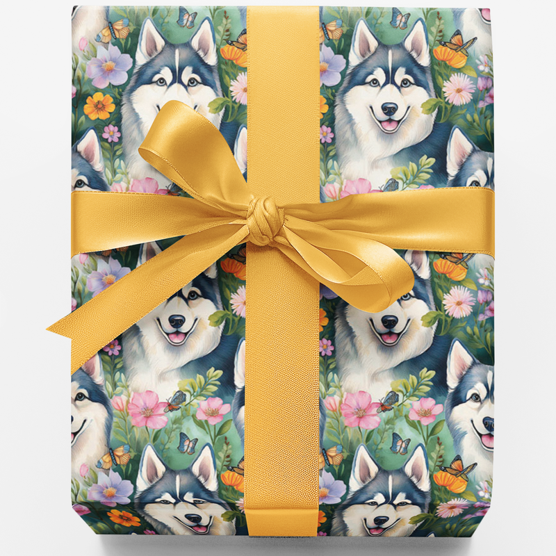 Floral Garden Dog Pattern Wrapping Paper, Husky Dog Gift Wrap Paper, Adorable Birthday Christmas Present Paper Roll for Dog Lovers