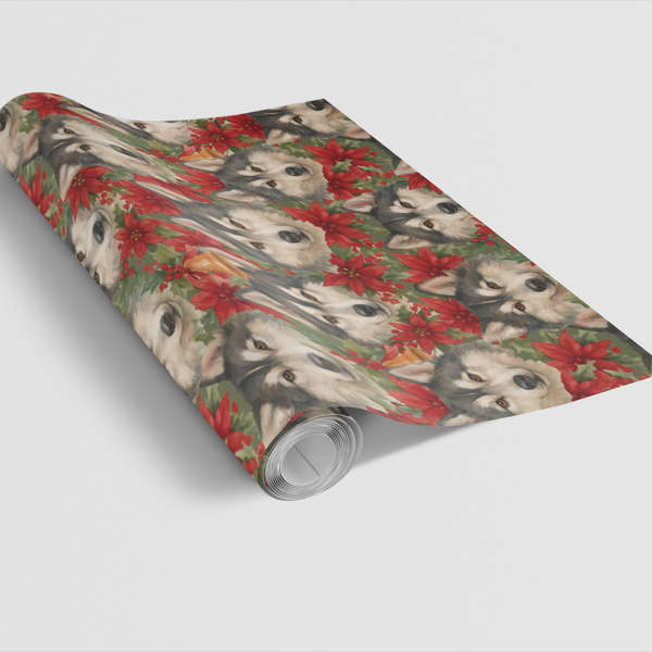 Winter Floral Gift Wrap, Husky Dog Christmas Wrapping Paper, Poinsettia Wolf Holiday Wrapping Paper, Dog Lover Festive Gift W