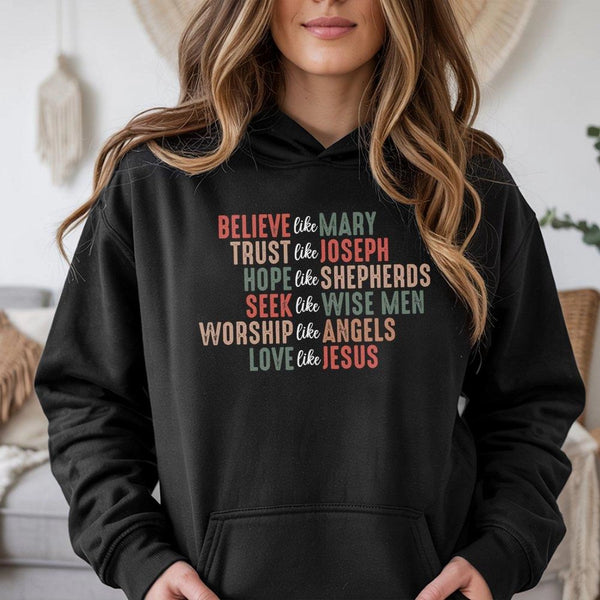 Retro Faith Based Hoodie, Believe Like Mary Christmas Hoodie, Christian Typography Pullover Hoodie, Religious Holiday Hooded 