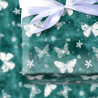 Teal Snowflake Gift Wrap, Winter Butterfly Wrapping Paper, Elegant Nature Holiday Wrapping Paper, Christmas and Birthday Present Wrap