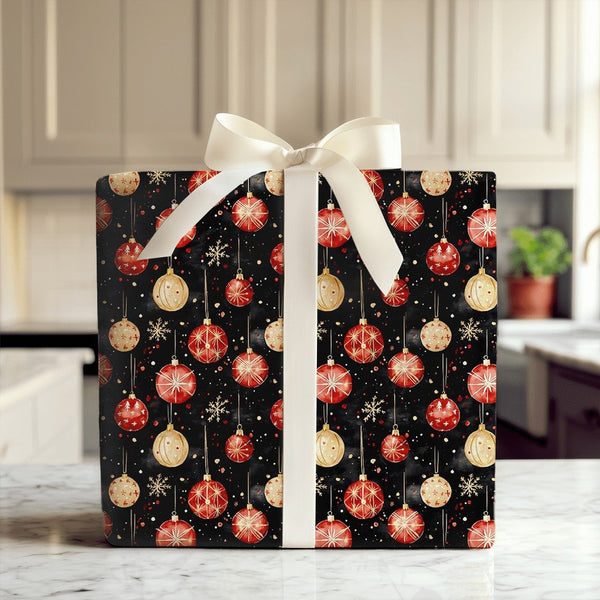 Red Gold Holiday Gift Wrap, Watercolor Christmas Ornament Wrapping Paper, Traditional Xmas Wrapping Paper, Holiday Supply