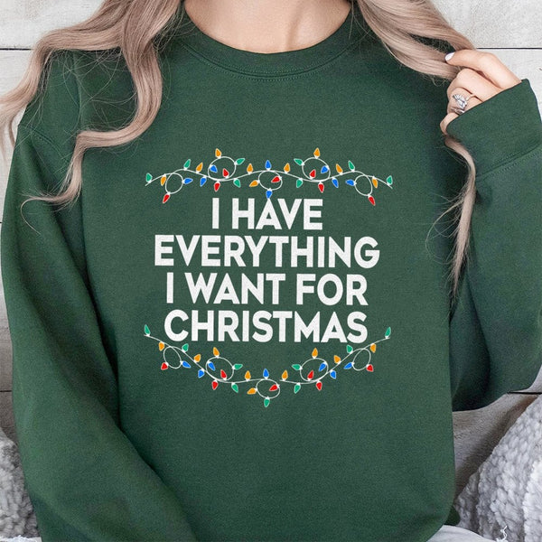 Holiday Lights Graphic Crewneck, I Have Everything I Want for Christmas Sweatshirt, Humorous Xmas Pullover, Couples Christmas