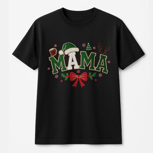 Santa Hat Bow Graphic Tee, Christmas Mama T-Shirt, Adorable Holiday Mom Shirt, Festive Xmas Mommy T-Shirt, Family Winter Appa