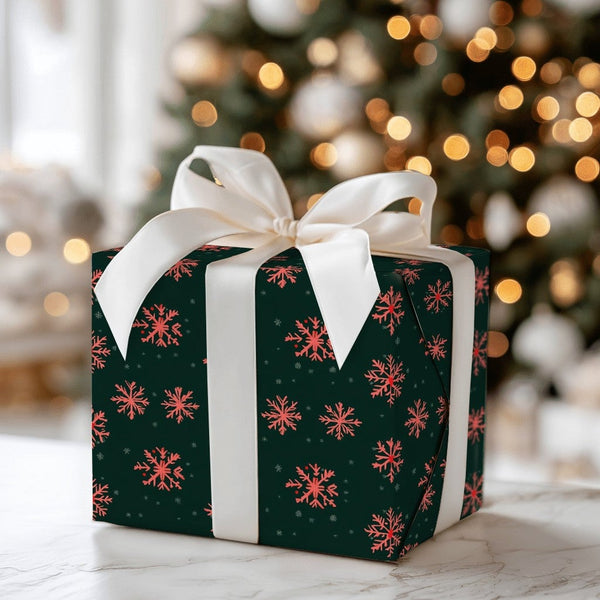 Dark Green Holiday Gift Wrap, Red Snowflake Wrapping Paper, Coral Red Winter Snowflake Wrapping Paper, Christmas Present Wrap
