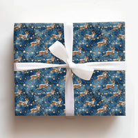 Watercolor Winter Gift Wrap, Leaping Reindeer Christmas Wrapping Paper, String Lights Holiday Wrapping Paper, Dark Blue Reindeer Present Paper