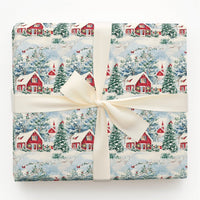 Red Cabin and Church Gift Wrap, Winter Village Christmas Wrapping Paper, Cardinal Bird Holiday Wrapping Paper, Scenic Winter Gift Wrap Roll