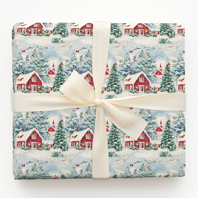 Red Cabin and Church Gift Wrap, Winter Village Christmas Wrapping Paper, Cardinal Bird Holiday Wrapping Paper, Scenic Winter Gift Wrap Roll