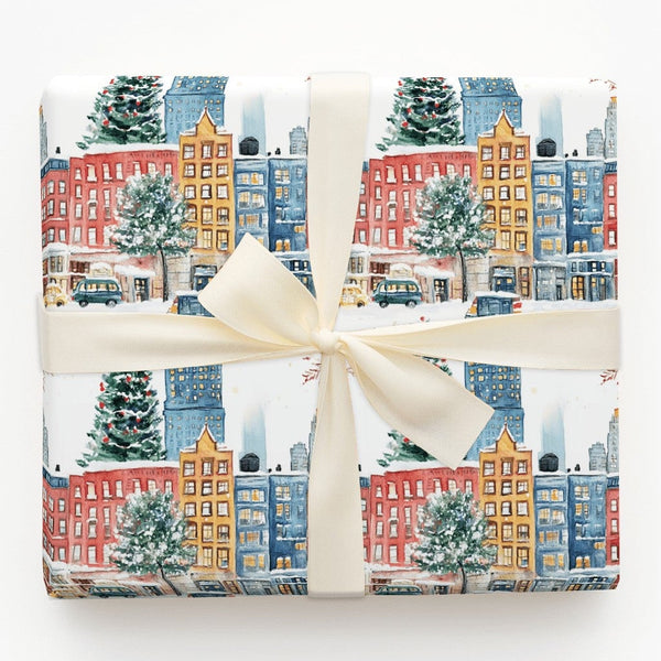 Winter Street Gift Wrap, Snowy City Christmas Wrapping Paper, Watercolor Holiday Wrapping Paper, Festive Town Gift Wrap, Pres