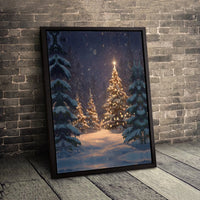 Snowy Winter Forest Print, Christmas Tree Canvas Wall Art, Glowing Lights Holiday Landscape Wall Art, Xmas Digital Download Printable Poster