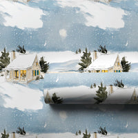 Comfy Cottage Gift Wrap, Winter Cottage Wrapping Paper, Watercolor Snow Scene Holiday Paper, Christmas Gift Wrapping Paper Roll