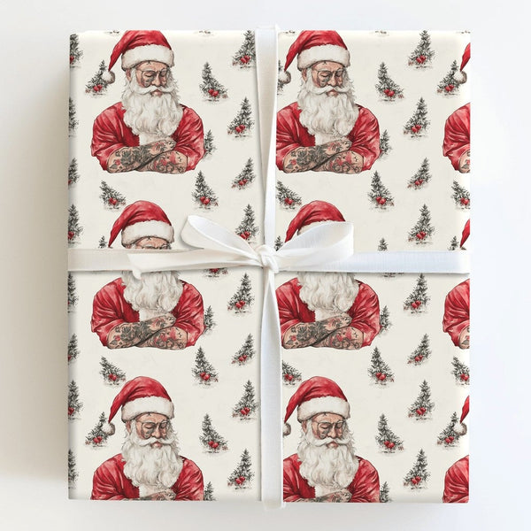 Hipster Santa Christmas Wrapping Paper, Tattooed Santa Wrapping Paper, Alternative Holiday Gift Wrap, Edgy Xmas Gift Wrapping