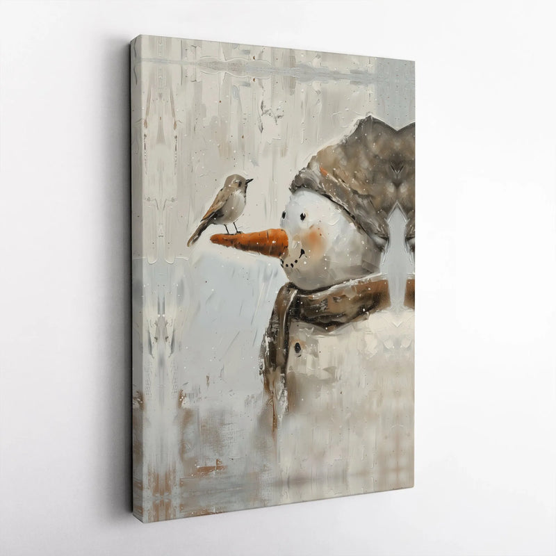 Impressionist Snow Scene Painting, Snowman and Bird Winter Wall Art Canvas Print, Farmhouse Christmas Holiday Poster, Digital Download