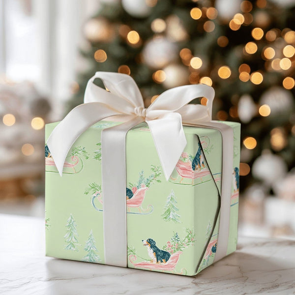 Watercolor Dog Sleigh Gift Wrap, Bernese Mountain Dog Wrapping Paper, Berner Christmas Wrapping Paper, Adorable Dog Holiday G