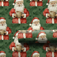 Comfy Christmas Santa Gift Wrap, Vintage Santa Hot Cocoa Wrapping Paper, Retro Green Holiday Wrapping Paper, Festive Winter Present Gift Wrap