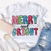 Colorful Festive Christmas Shirt, Merry and Bright Christmas T-Shirt, Retro Holiday Typography Graphic Tee, Adorable Christmas Tee