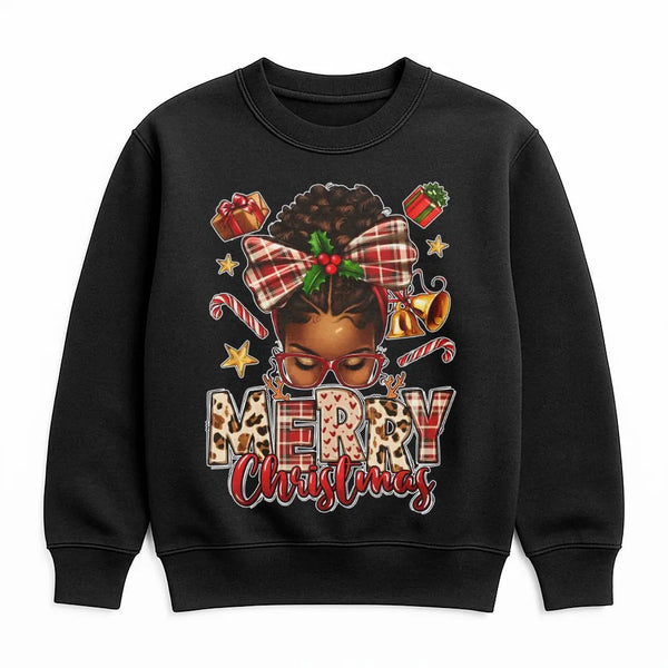African American Holiday Sweatshirt, Afrocentric Merry Christmas Sweatshirt, Melanin Queen Plaid Bow Sweater, Black Woman Xma