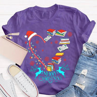 Heart Graphic Tee, Christmas Books Santa Hats Snowflakes T-Shirt, Bookish Holiday Shirt, Adorable Reader Xmas Present