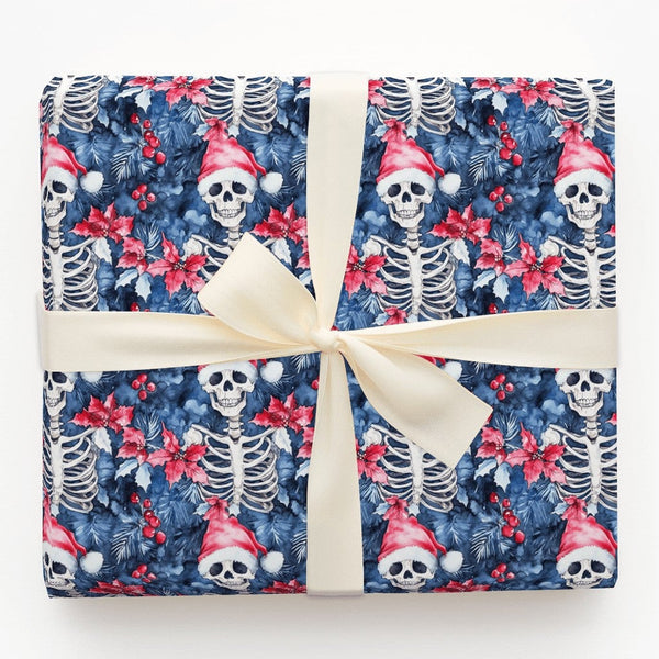 Gothic Christmas Gift Wrap, Skeleton Santa Hat Wrapping Paper, Spooky Poinsettia Holiday Wrapping Paper, Alternative Xmas Gif
