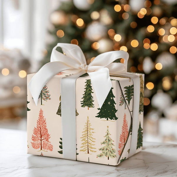 Colorful Holiday Forest Gift Wrap, Vintage Christmas Tree Wrapping Paper, Retro Pastel Winter Wrapping Paper, Festive Xmas Gi