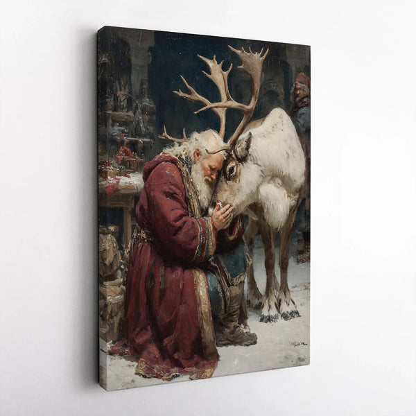 Nostalgic Christmas Oil Painting Canvas Print, Santa Claus and Reindeer Canvas Wall Art, Vintage Holiday Canvas Decor, Santa 