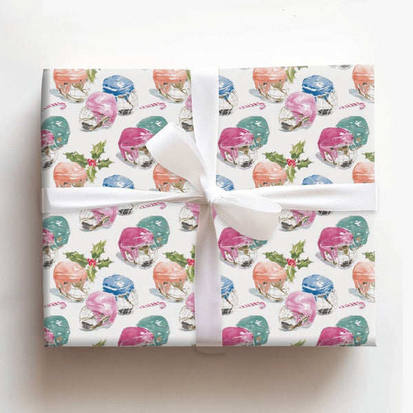 Watercolor Sports Christmas Gift Wrap, Hockey Helmets and Candy Canes Wrapping Paper, Hockey Fan Wrapping Paper Roll, Festive