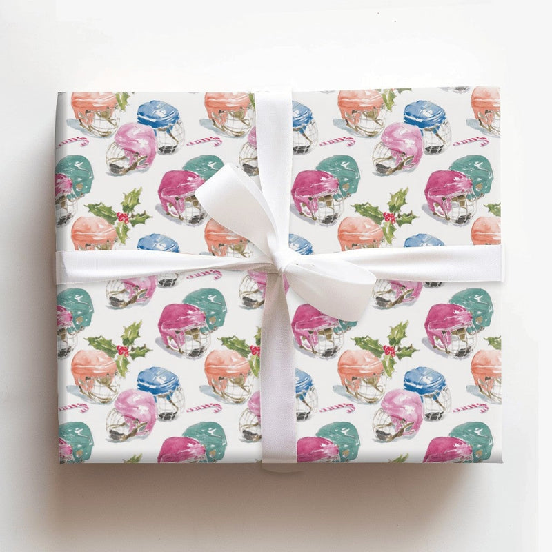 Watercolor Sports Christmas Gift Wrap, Hockey Helmets and Candy Canes Wrapping Paper, Hockey Fan Wrapping Paper Roll, Festive Present Wrap