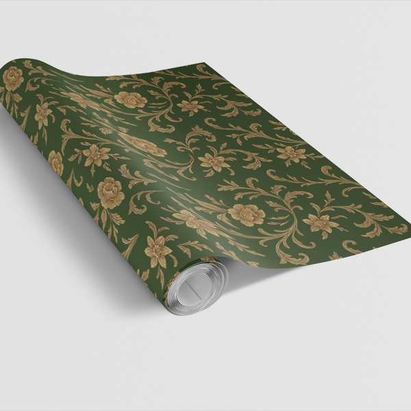 Green and Gold Floral Gift Wrap, Baroque Verdure Wrapping Paper, Vintage Damask Paper Roll, Elegant Wedding Christmas Present