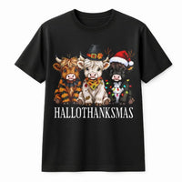 Hallothanksmas Shirt, Highland Cow Christmas T-Shirt, Adorable Holiday Graphic Tee, Farmhouse Country Animal T-Shirt, Western Xmas Present
