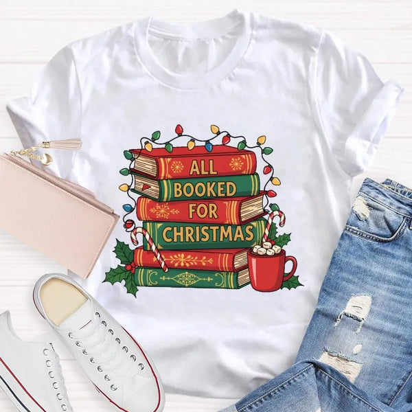 Comfy Bookworm Holiday Reading Shirt, All Booked for Christmas T-Shirt, Bookish Christmas Tree Graphic Tee, Book Lover Christ