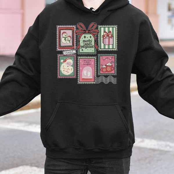 Vintage Holiday Stamp Pullover, Merry and Pregnant Christmas Hoodie, Pregnancy Announcement Hooded Sweatshirt, Expecting Mom 