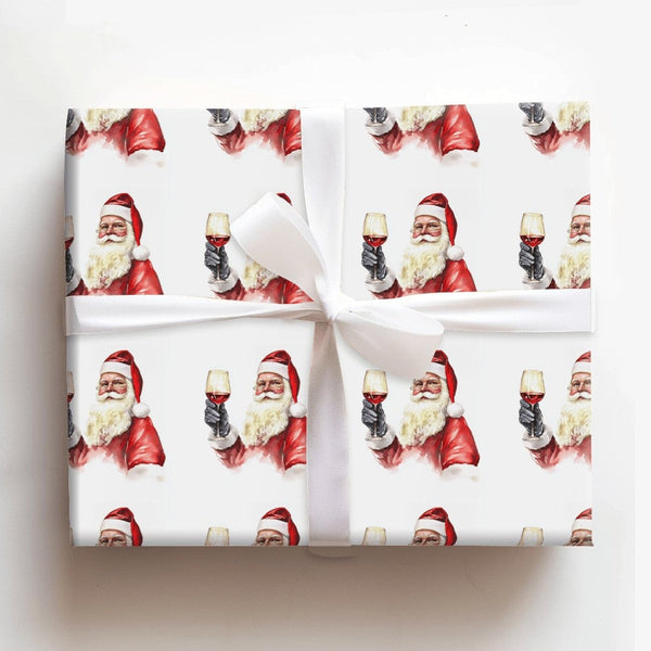 Humorous Red Wine Holiday Gift Wrap, Santa Toasting Wine Wrapping Paper, Drinking Santa Claus Wrapping Paper, Adult Christmas