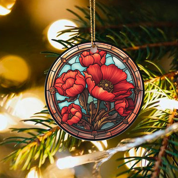 Red Botanical Flower Tree Keepsake, Stained Glass Poppy Ceramic Ornament, Floral Garden Tree Decor, Nature Gardener Christmas