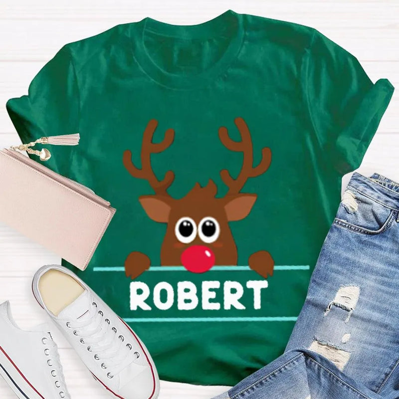 Custom Name Reindeer Holiday Graphic Tee, Personalized Christmas Elk Bow Shirt, Adorable Christmas Elk T-Shirt, Festive Winter Holiday Present