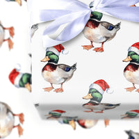 Watercolor Santa Hat Gift Wrap, Mallard Duck Christmas Wrapping Paper, Duck Bird Wrapping Paper Roll, Holiday Wrapping Paper