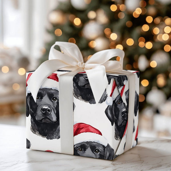 Santa Hat Dog Gift Wrap, Black Labrador Wrapping Paper, Watercolor Black Lab Holiday Wrapping Paper, Christmas Pet Lover Pres