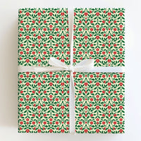 Green Vine Holiday Gift Wrap Roll, Red Floral Damask Christmas Wrapping Paper, Vintage Floral Present Paper, Festive Gift Wrapping Paper