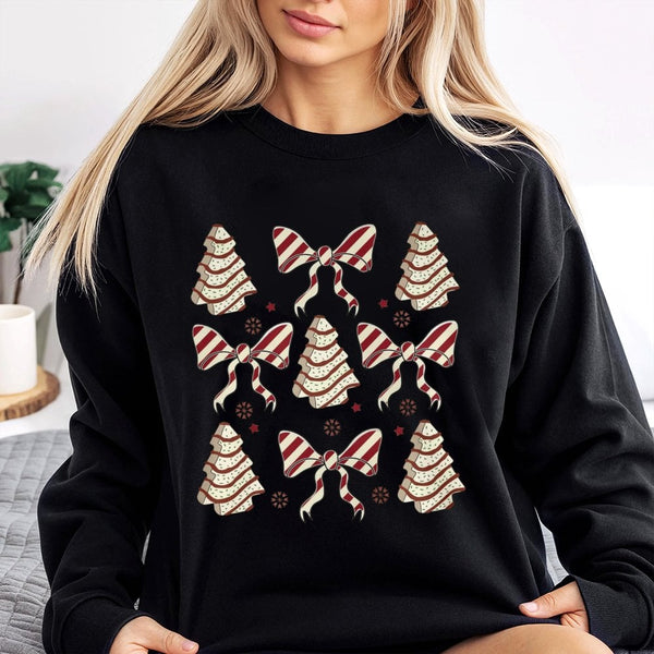 Coquette Aesthetic Bow Holiday Sweater, Christmas Tree Cake Sweatshirt, Adorable Xmas Snack Crewneck, Retro Winter Graphic Pu