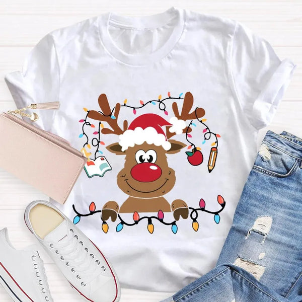 Festive Lights Elk Shirt, Christmas Elk T-Shirt, Holiday Reindeer Tee, Adorable Winter Graphic Tee, Xmas Holiday Apparel Pres
