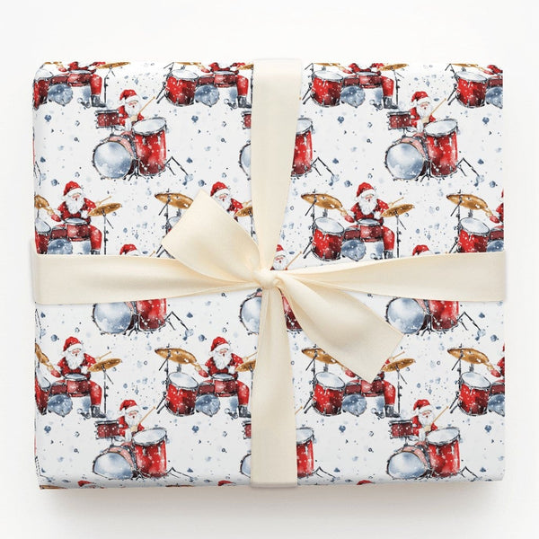 Watercolor Drummer Gift Wrap, Drumming Santa Christmas Wrapping Paper, Rock and Roll Santa Wrapping Paper, Music Lover Holida